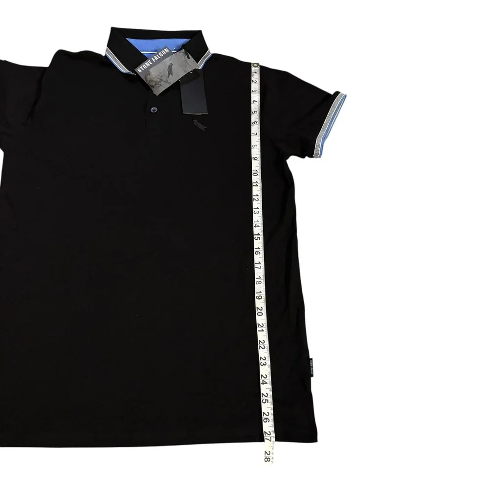 Stone Falcon Mens Black Marina Blue Tipped Polo Shirt SFTS-23010 Medium‎ NWT